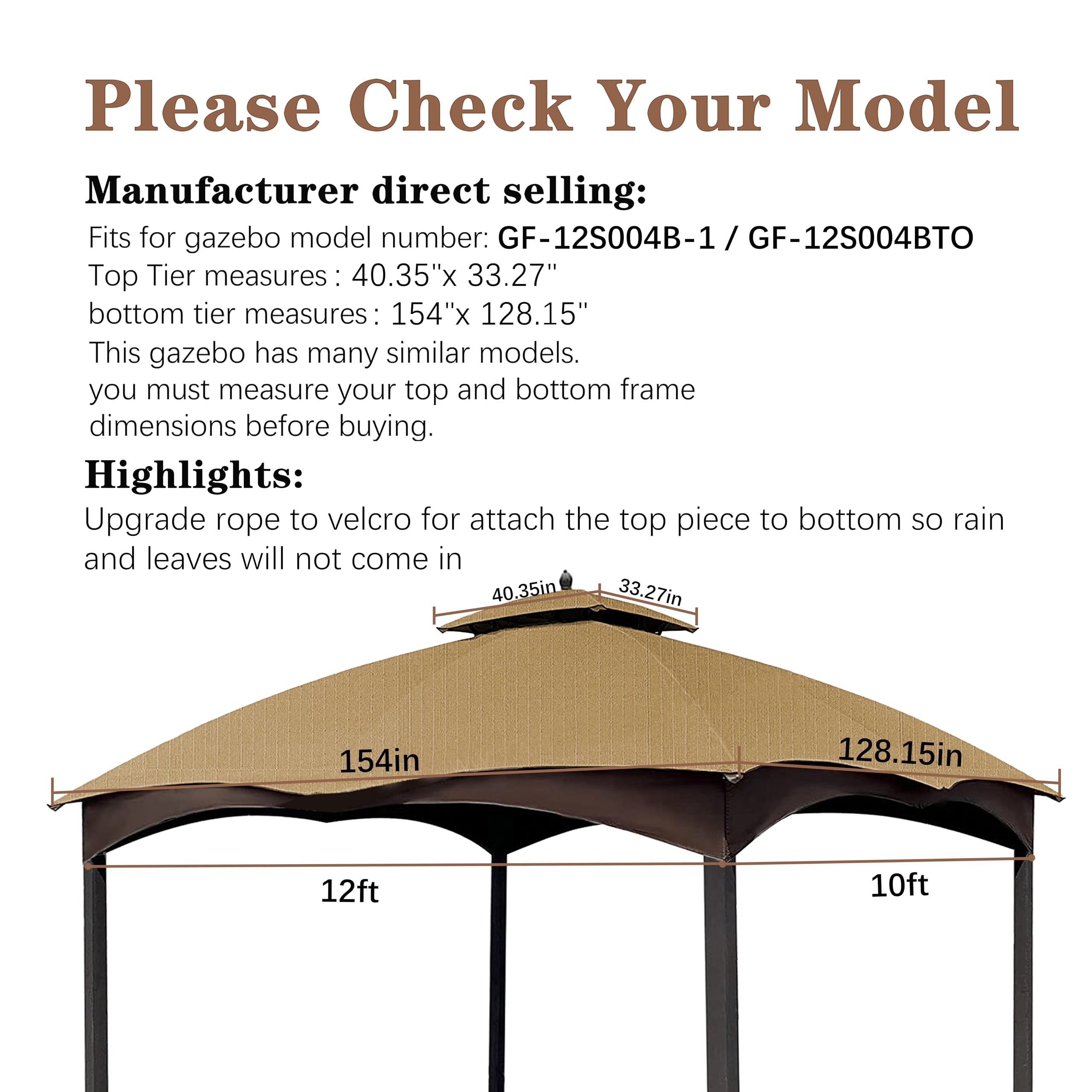 SCOCANOPY beige ripstop replacement top side view highlights secure fit for 10x12 gazebo.
