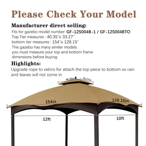SCOCANOPY beige ripstop replacement top side view highlights secure fit for 10x12 gazebo.