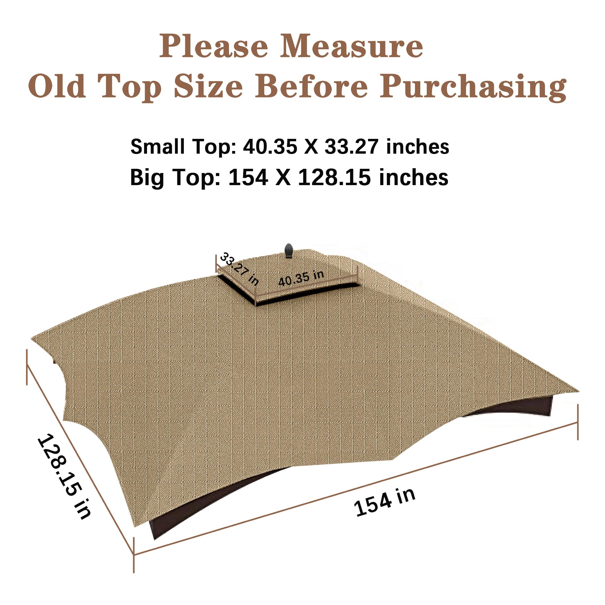 SCOCANOPY khaki ripstop top measurements indicate small and large tops compatibility