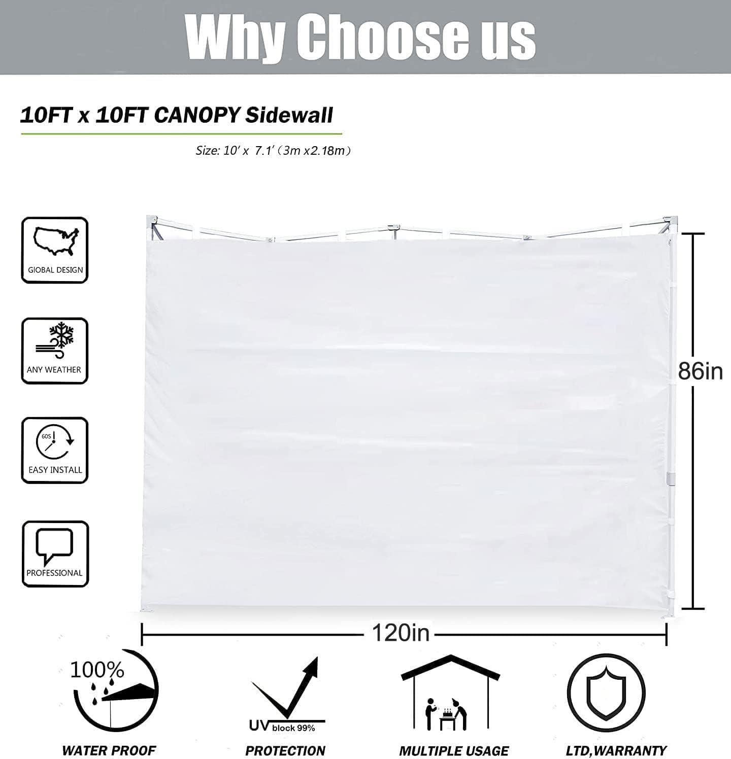 SCOCANOPY sidewall measures 86x120 inches and fits standard frames.