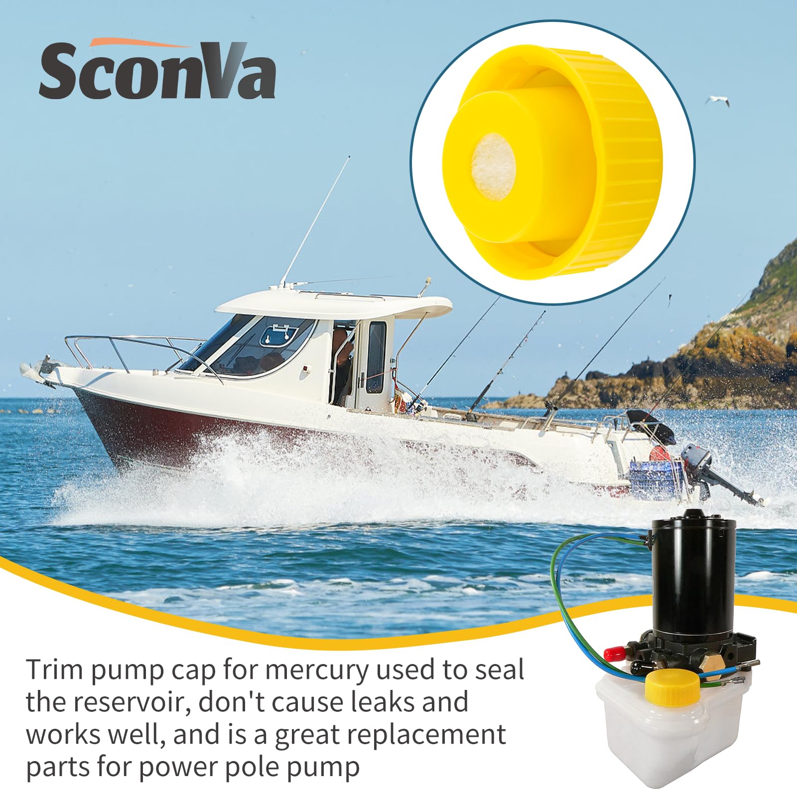 Durable yellow reservoir cap protects hydraulic reservoir in rugged marine use.