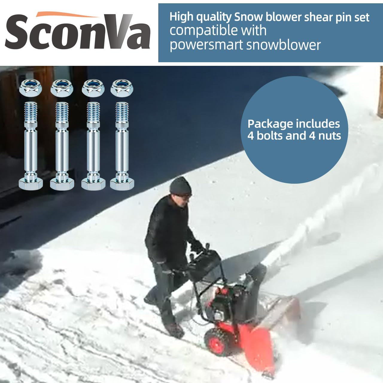 Sconva snow blower in use after pin replacement for safer operation.