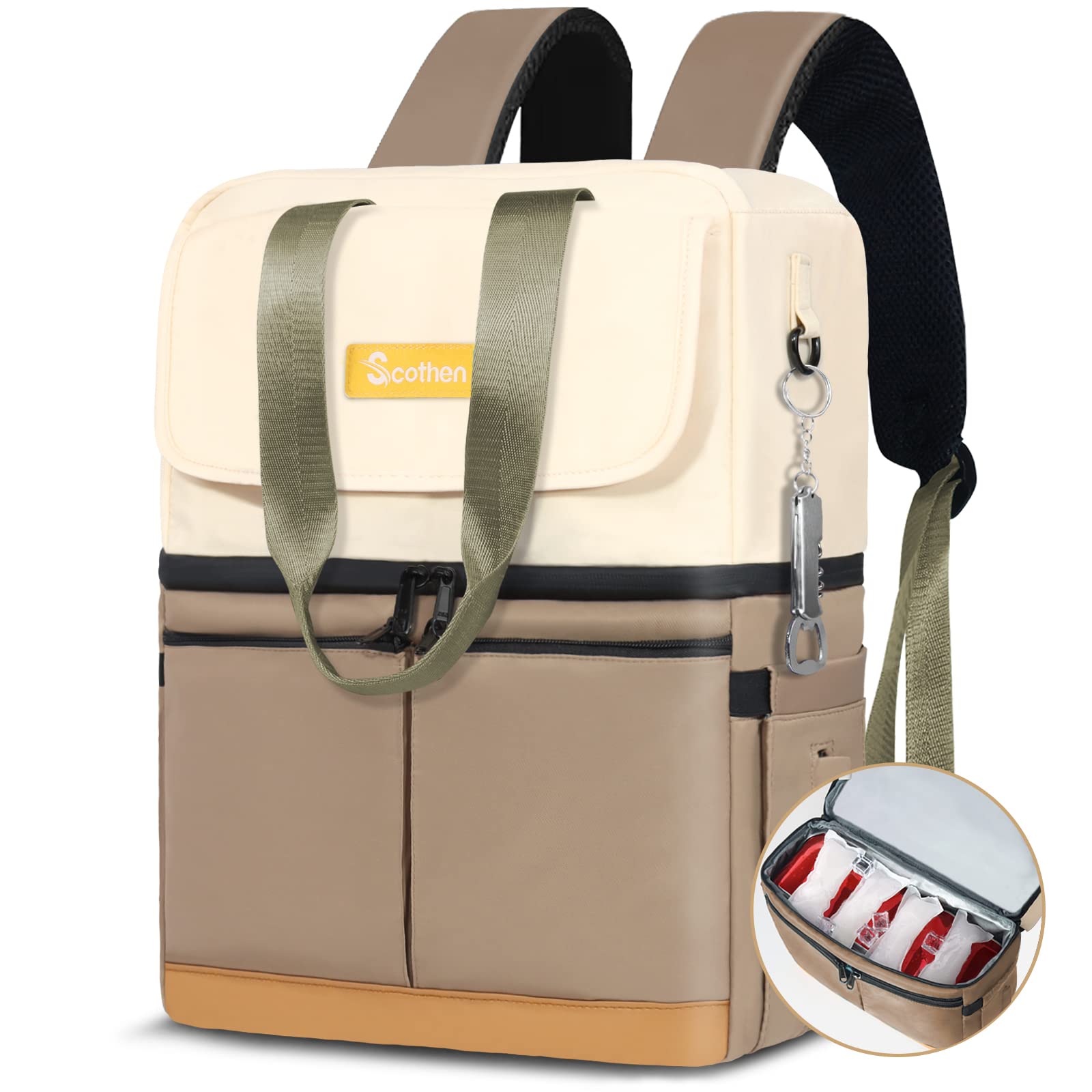 Scothen backpack cooler with double-decker design keeps cold drinks and warm meals separated.
