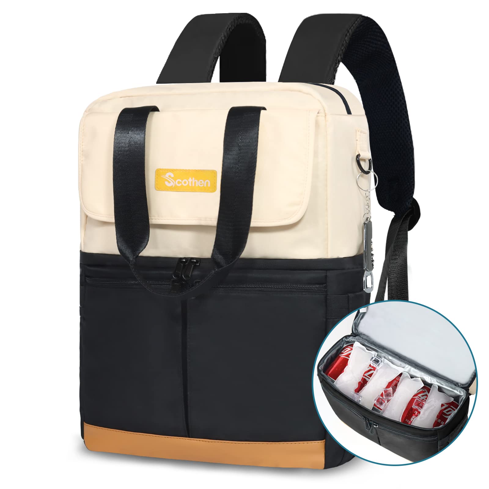 Scothen double-decker backpack cooler for organized cold and hot storage.