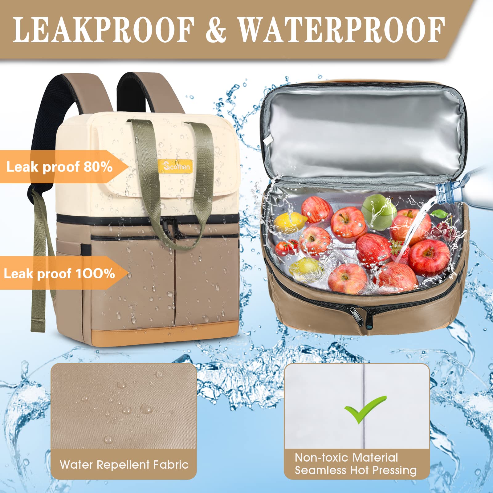 Scothen cooler backpack is waterproof and leakproof for beach trips.
