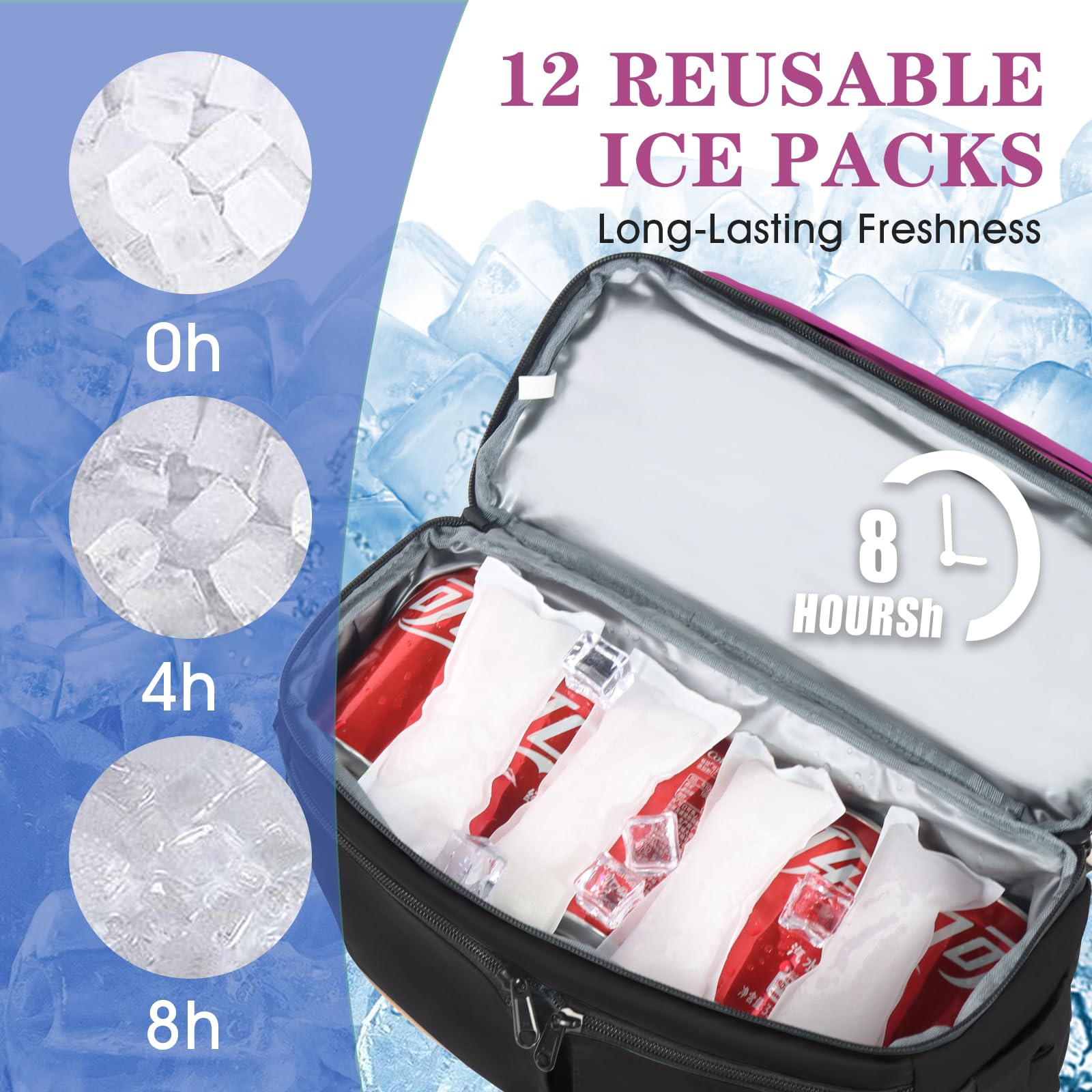 Scothen cooler bag showing 12 reusable ice packs for all-day cooling.