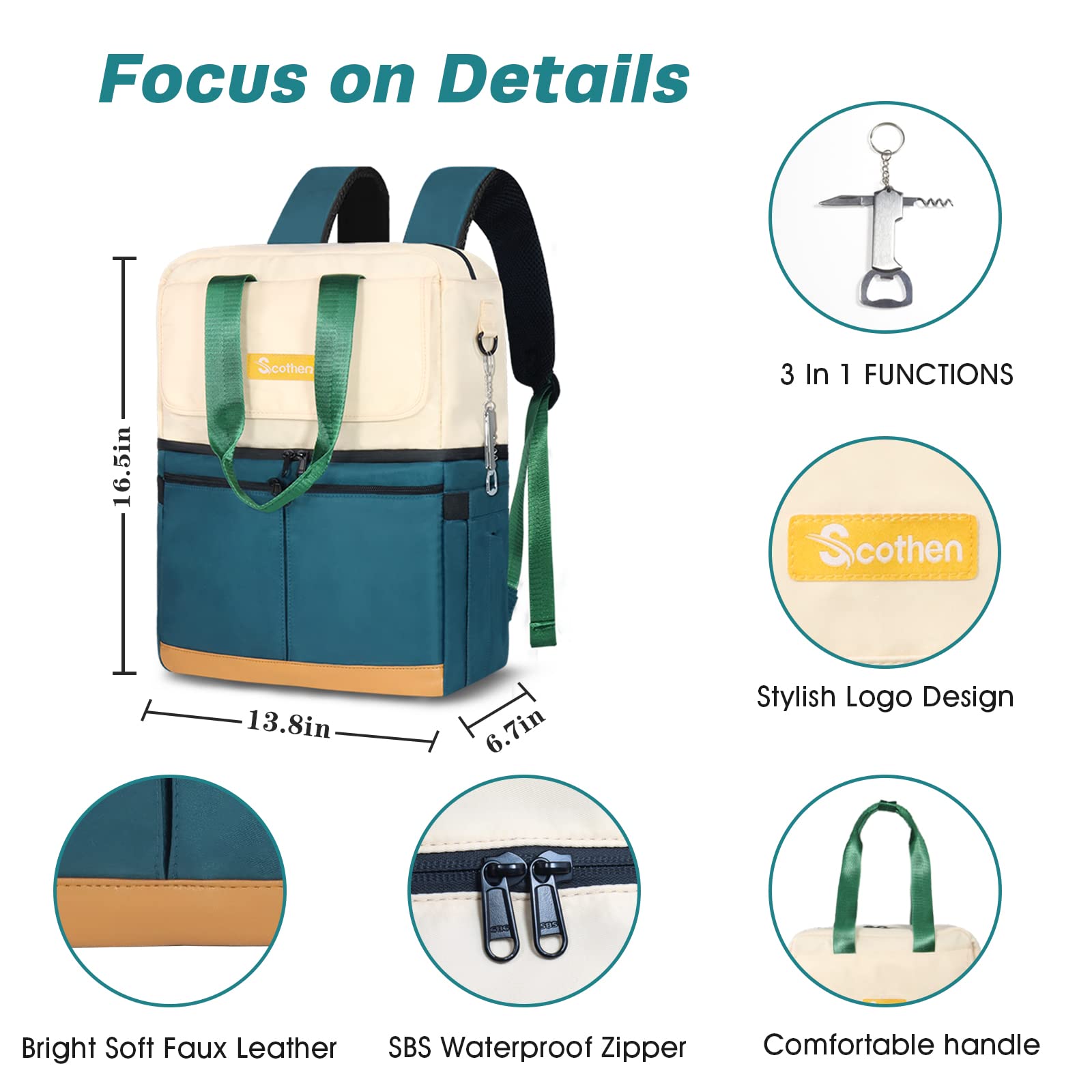 Large capacity Scothen backpack cooler fits 36 cans with pockets