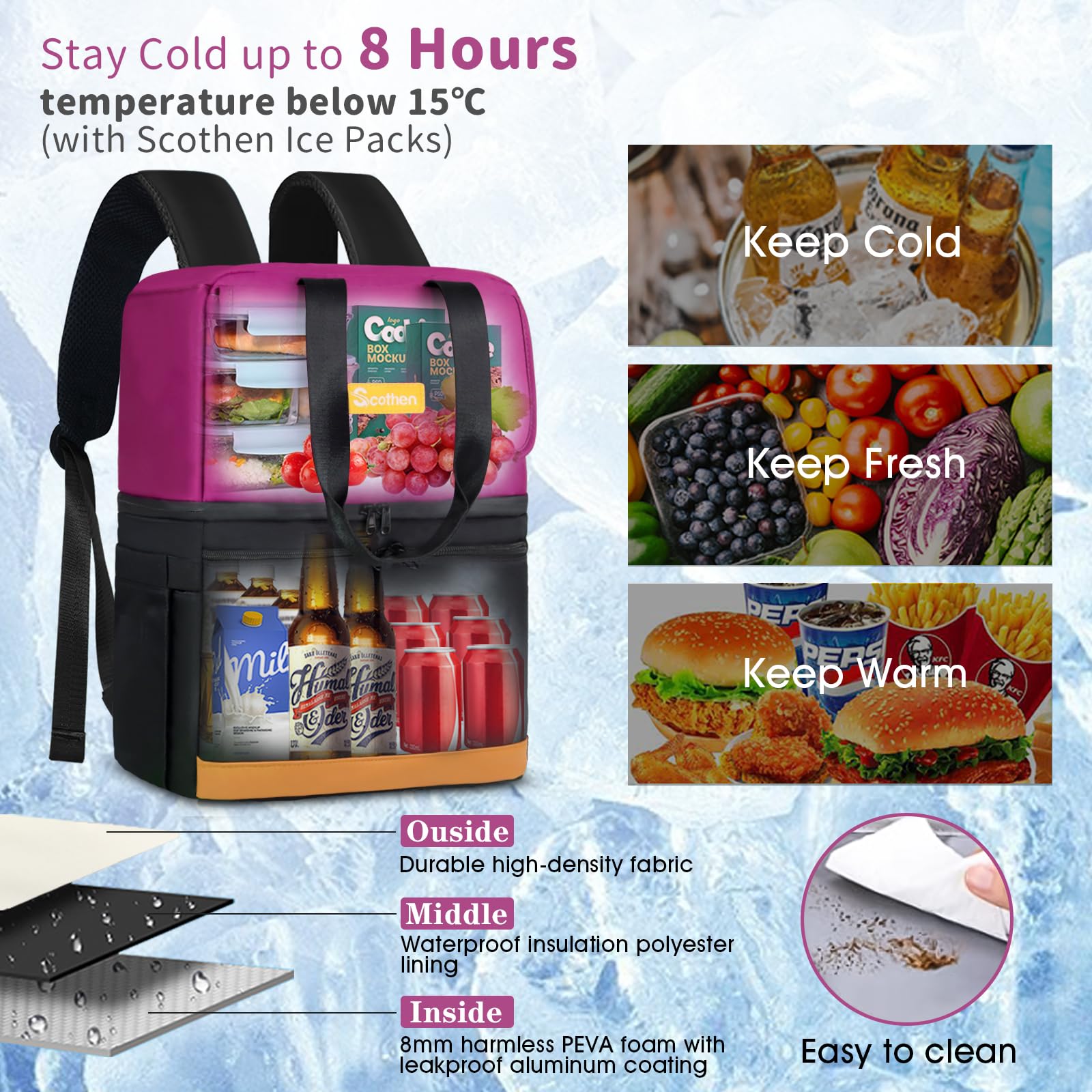 Leak-proof PEVA liner and waterproof zippers prevent spills during travel.