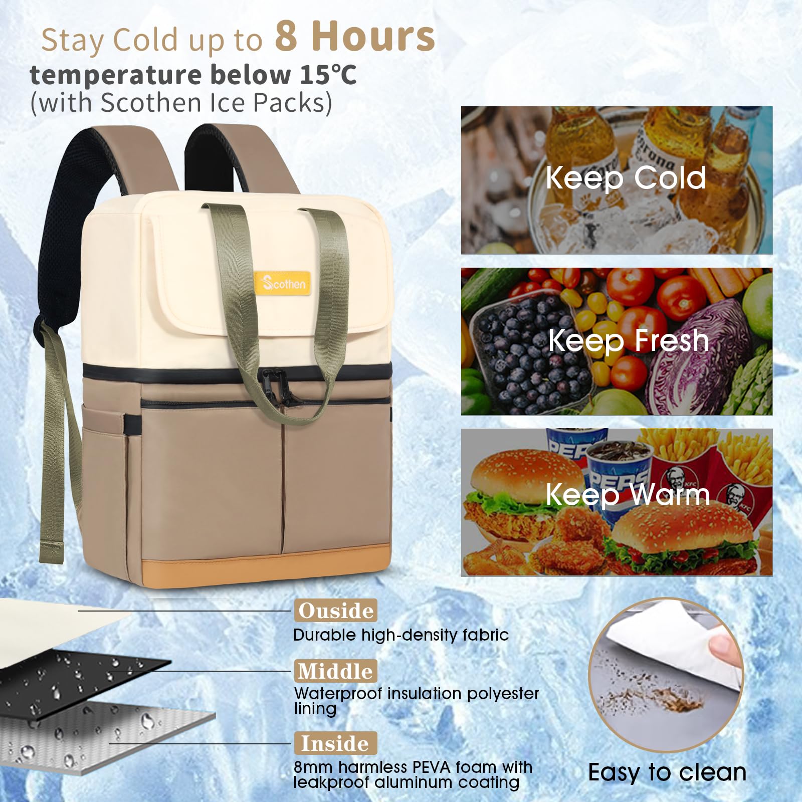 Scothen insulated bag fits beverages, snacks, and meals in separate compartments.