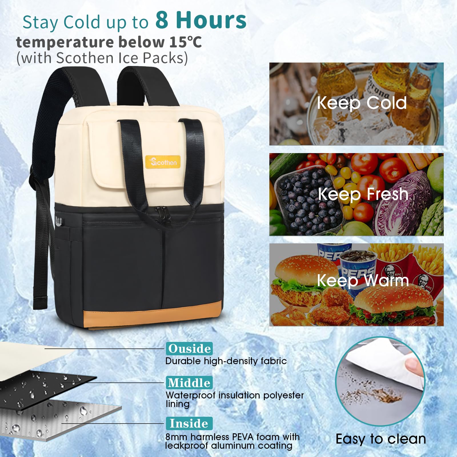 Scothen waterproof zipper and PEVA liner prevent leaks.