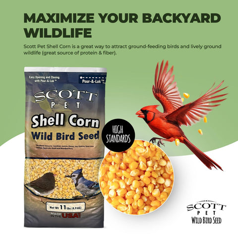 Scott Pet Shelled Corn helps attract ground-feeding wildlife to your backyard.