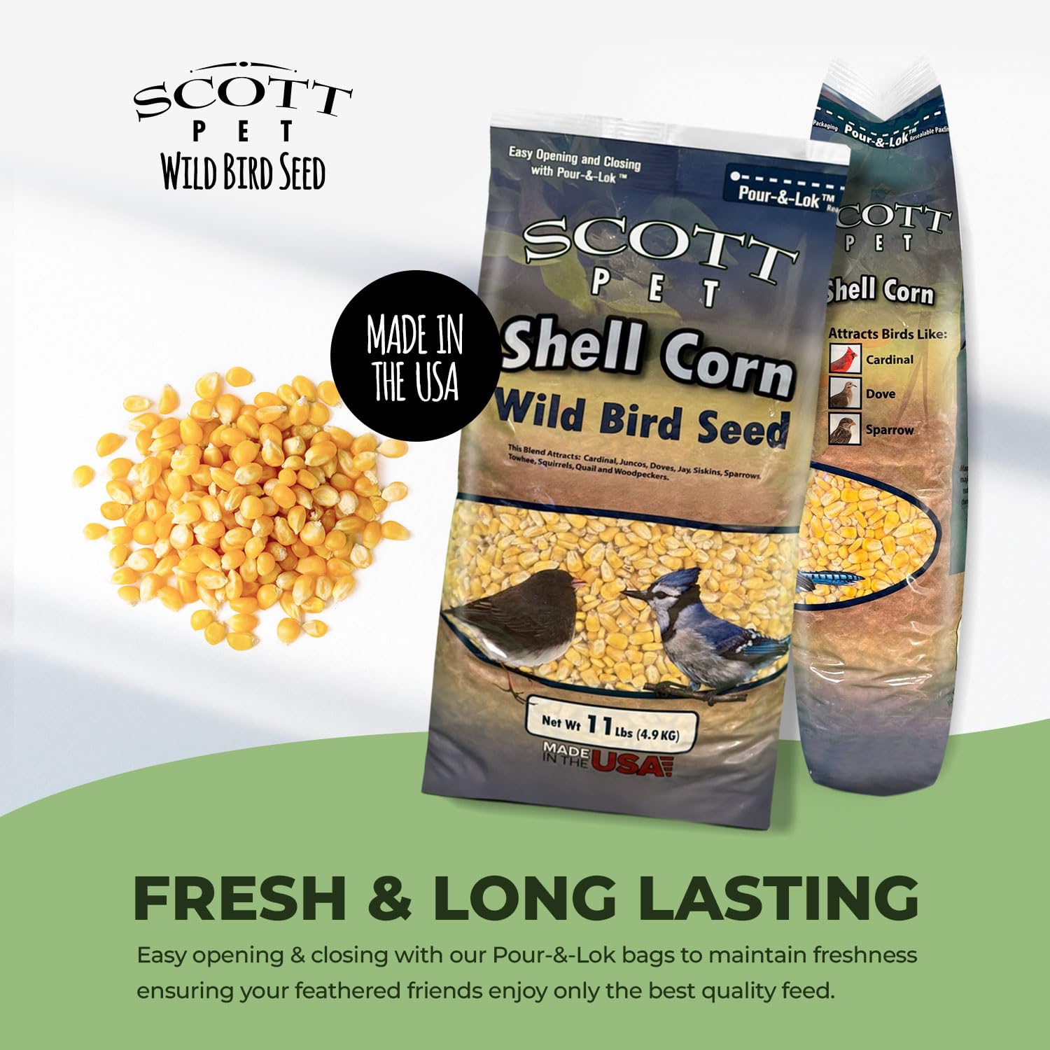 Scott Pet Shelled Corn supports blue jays, cardinals, and doves at feeding spots.