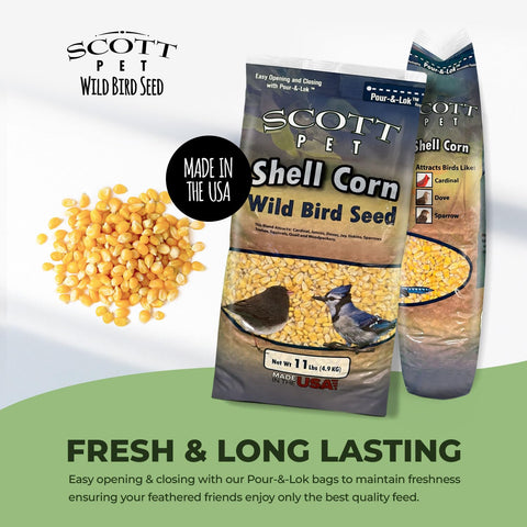 Scott Pet Shelled Corn supports blue jays, cardinals, and doves at feeding spots.
