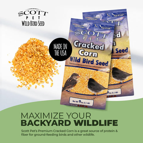 Scott Pet cracked corn mixed with seed attracts a variety of backyard birds.