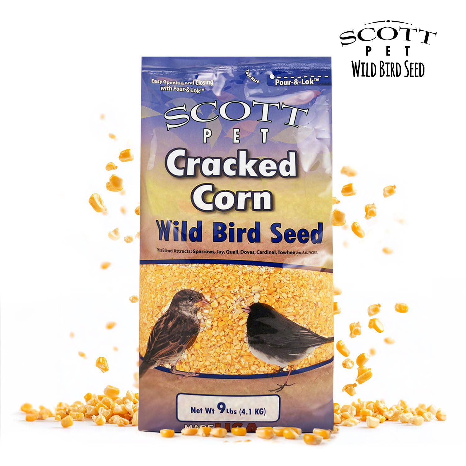USA-made packaging of Scott Pet cracked corn from Rockville, Indiana.