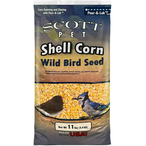 Scott Pet Shelled Corn 11 lb bag ready for backyard bird feeding.