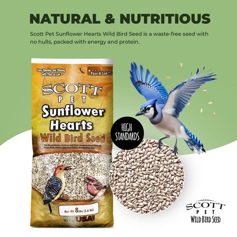 Scott Pet Sunflower Hearts attract cardinals, goldfinches, and other visiting backyard birds