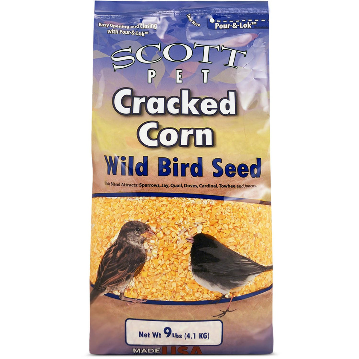 Scott Pet cracked corn in a 9 lb bag energizes backyard ground-feeding birds.