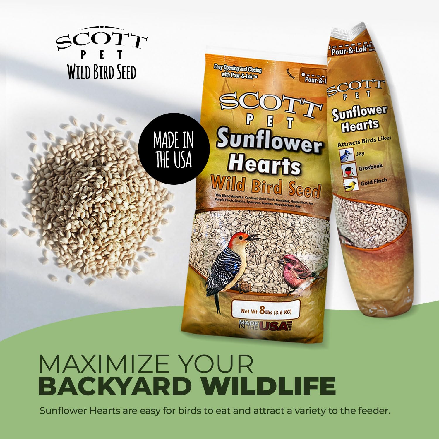 Scott Pet Wild Bird Seed closeup shows hulled hearts ideal for easy eating