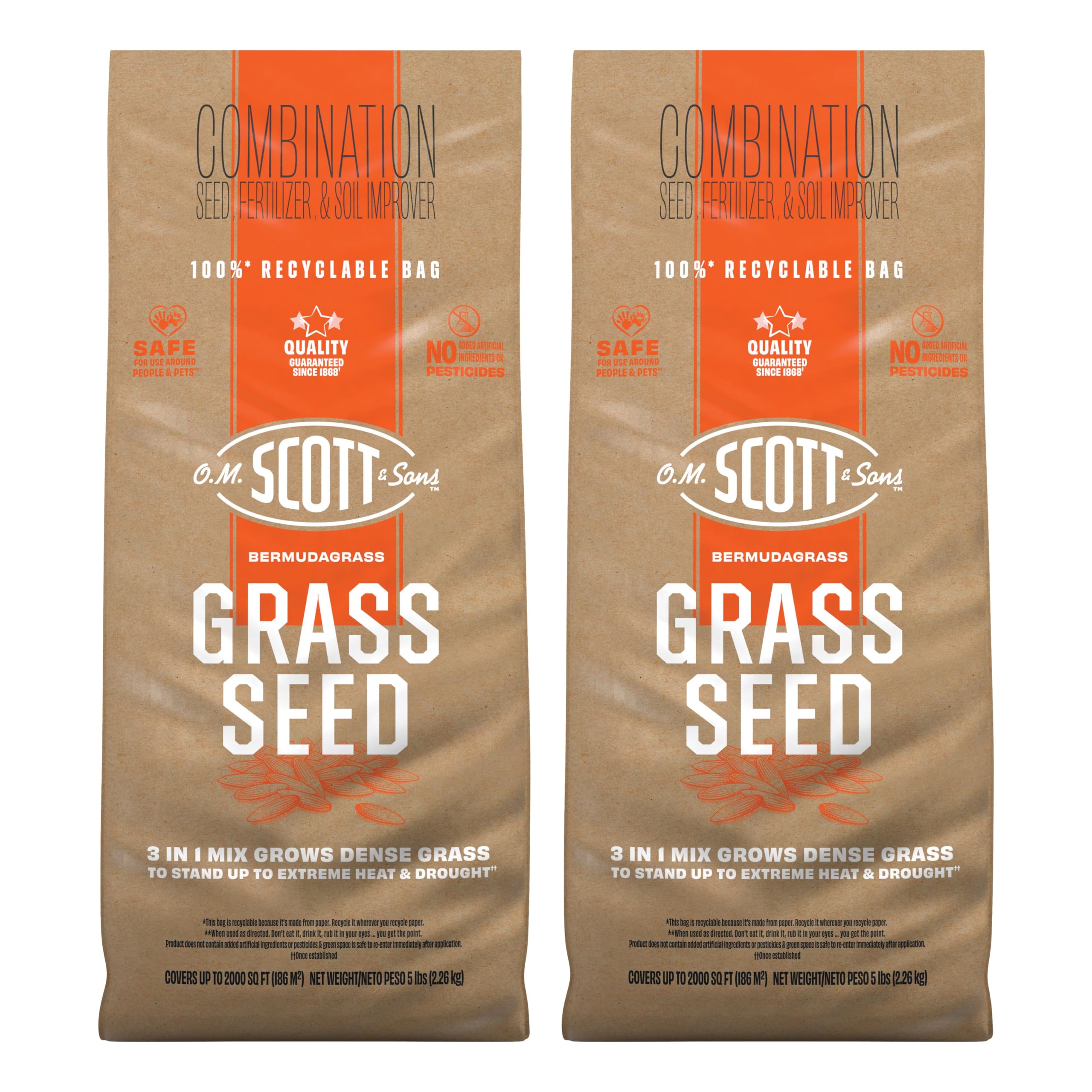 Scotts Bermudagrass seed bag and two-pack label highlighting 2,000 sq ft overseeding coverage.