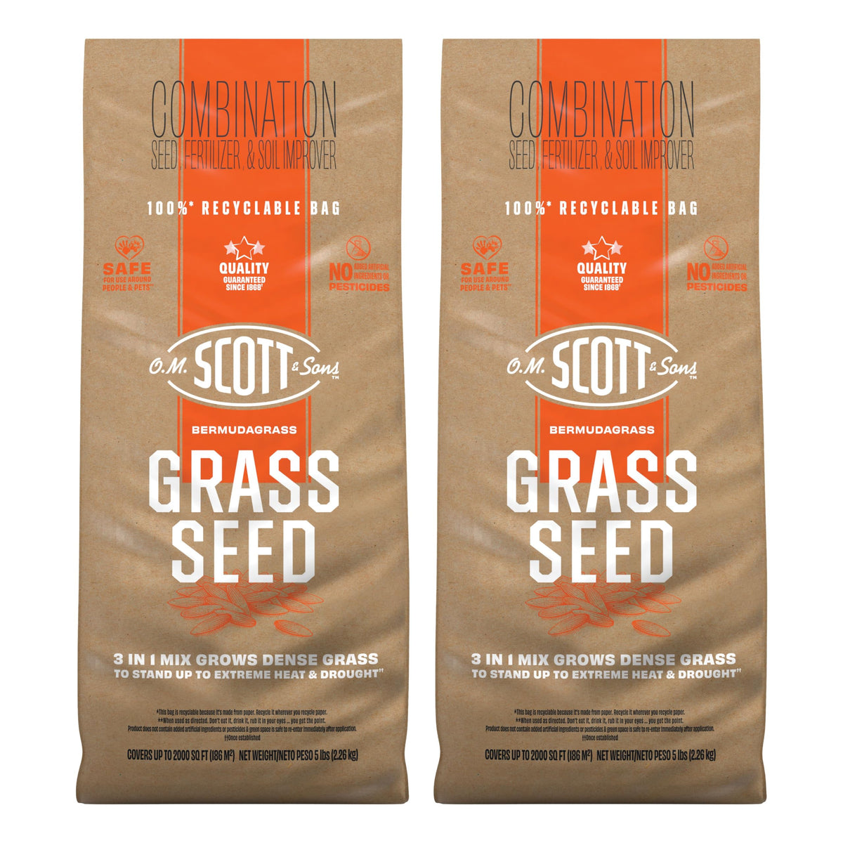Scotts Bermudagrass seed bag and two-pack label highlighting 2,000 sq ft overseeding coverage.
