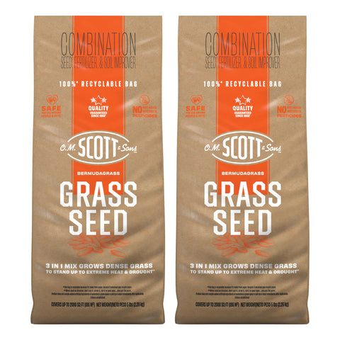 Scotts Bermudagrass seed bag and two-pack label highlighting 2,000 sq ft overseeding coverage.