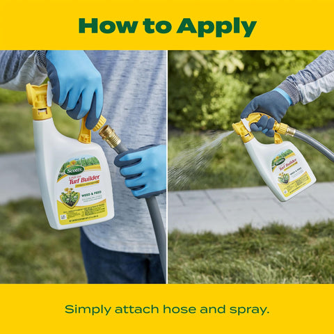Broadleaf weed targets like dandelions and clover visible in the yard.