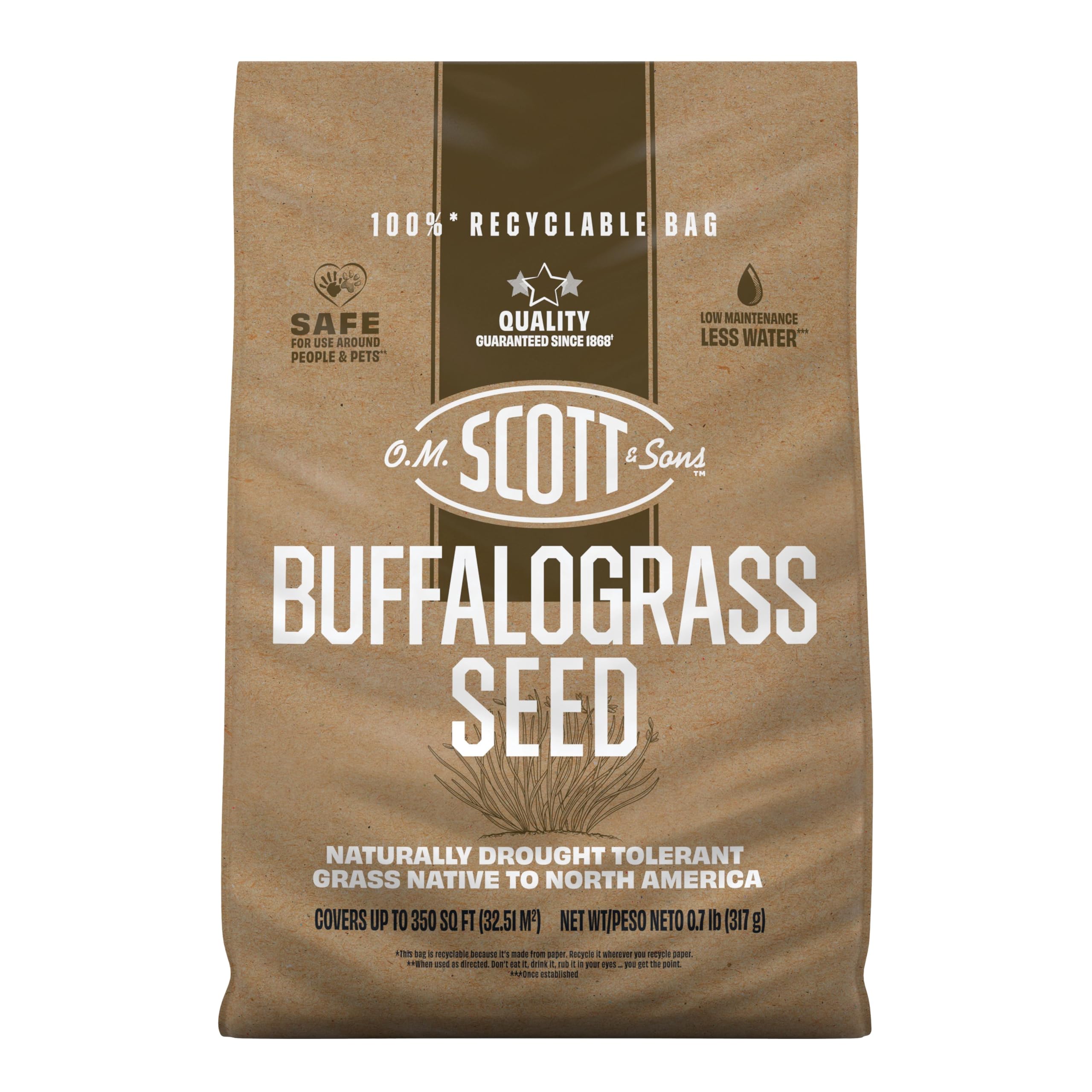 Scotts Buffalograss seed packet close-up for a native drought-tolerant lawn.