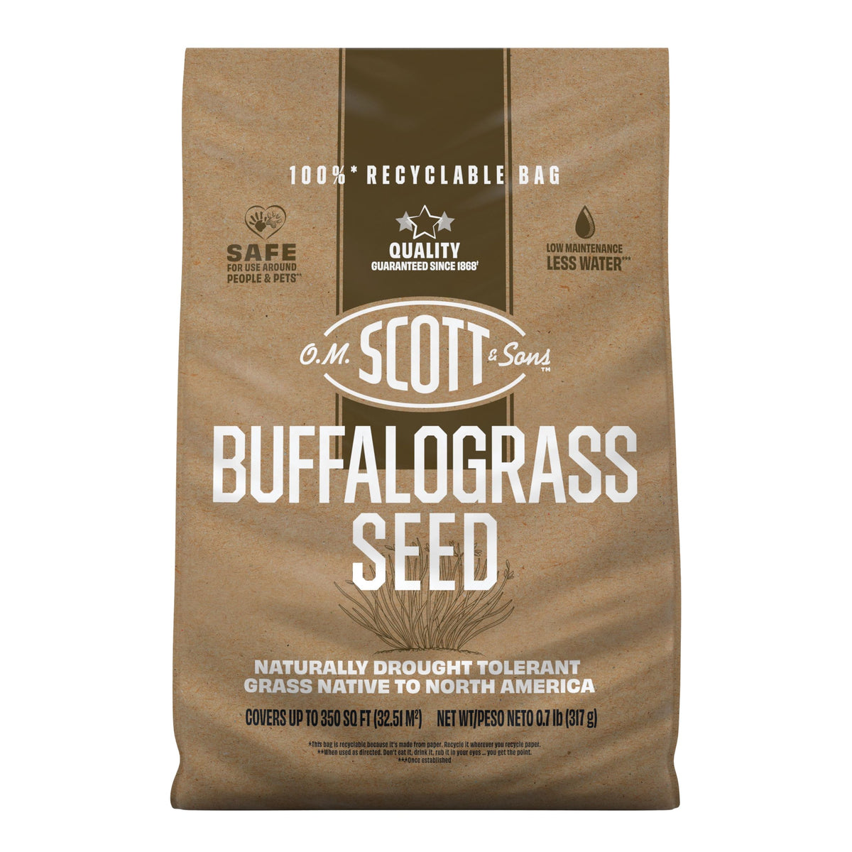 Scotts Buffalograss seed packet close-up for a native drought-tolerant lawn.