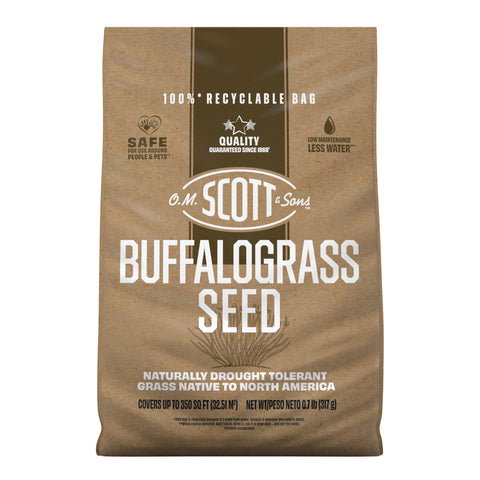 Scotts Buffalograss seed packet close-up for a native drought-tolerant lawn.