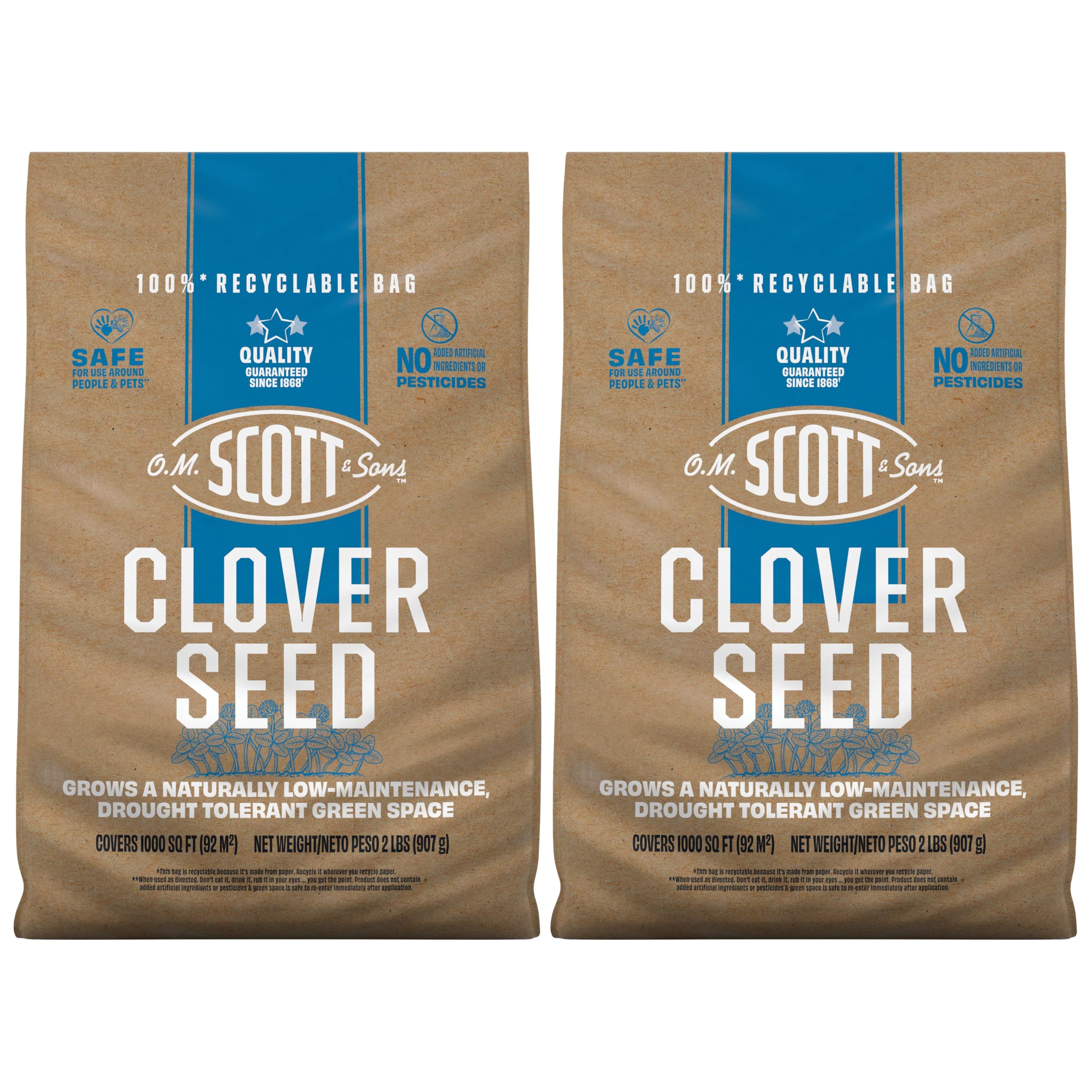 Scotts Clover Seed bag shows premium strawberry clover for a low-maintenance lawn.