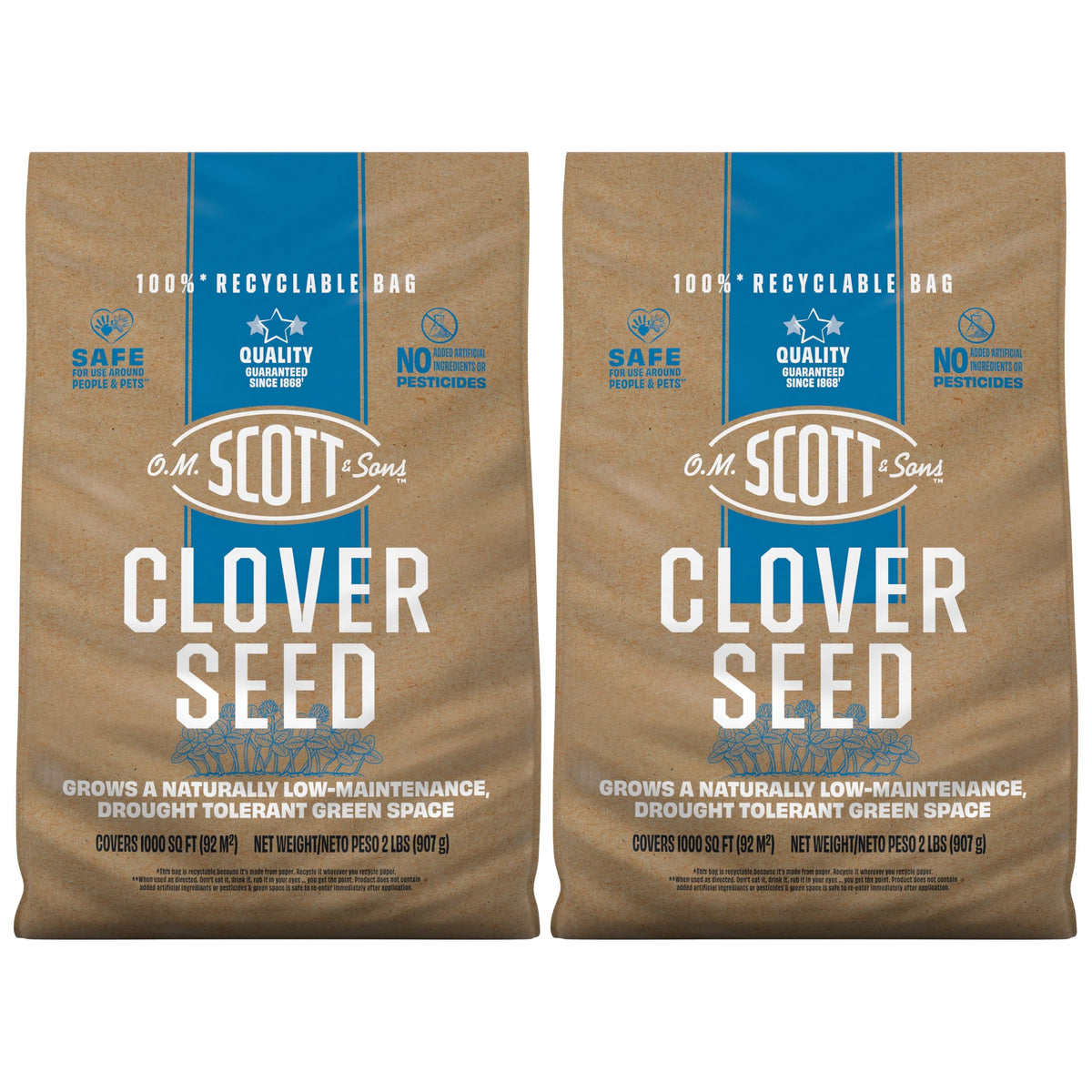 Scotts Clover Seed bag shows premium strawberry clover for a low-maintenance lawn.