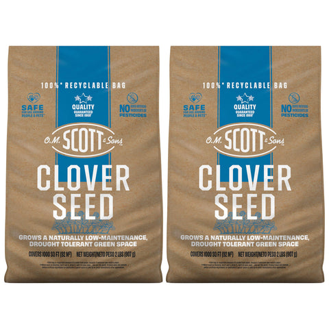 Scotts Clover Seed bag shows premium strawberry clover for a low-maintenance lawn.