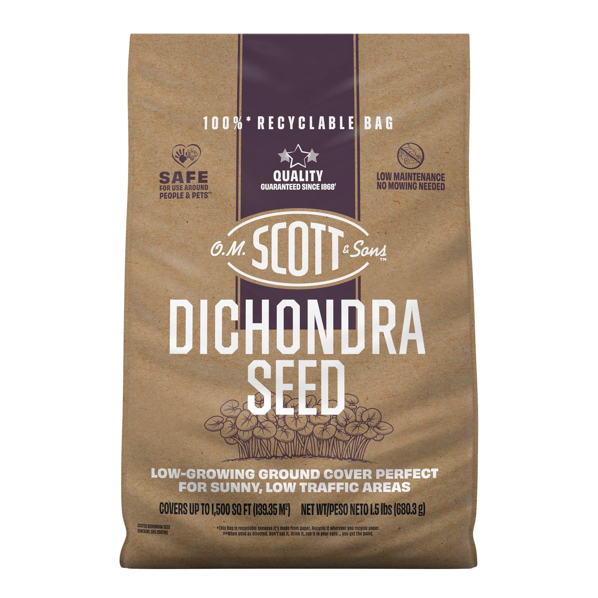 Scotts O M Scott & Sons Dichondra Seed bag label highlights premium seed for easy lawn care