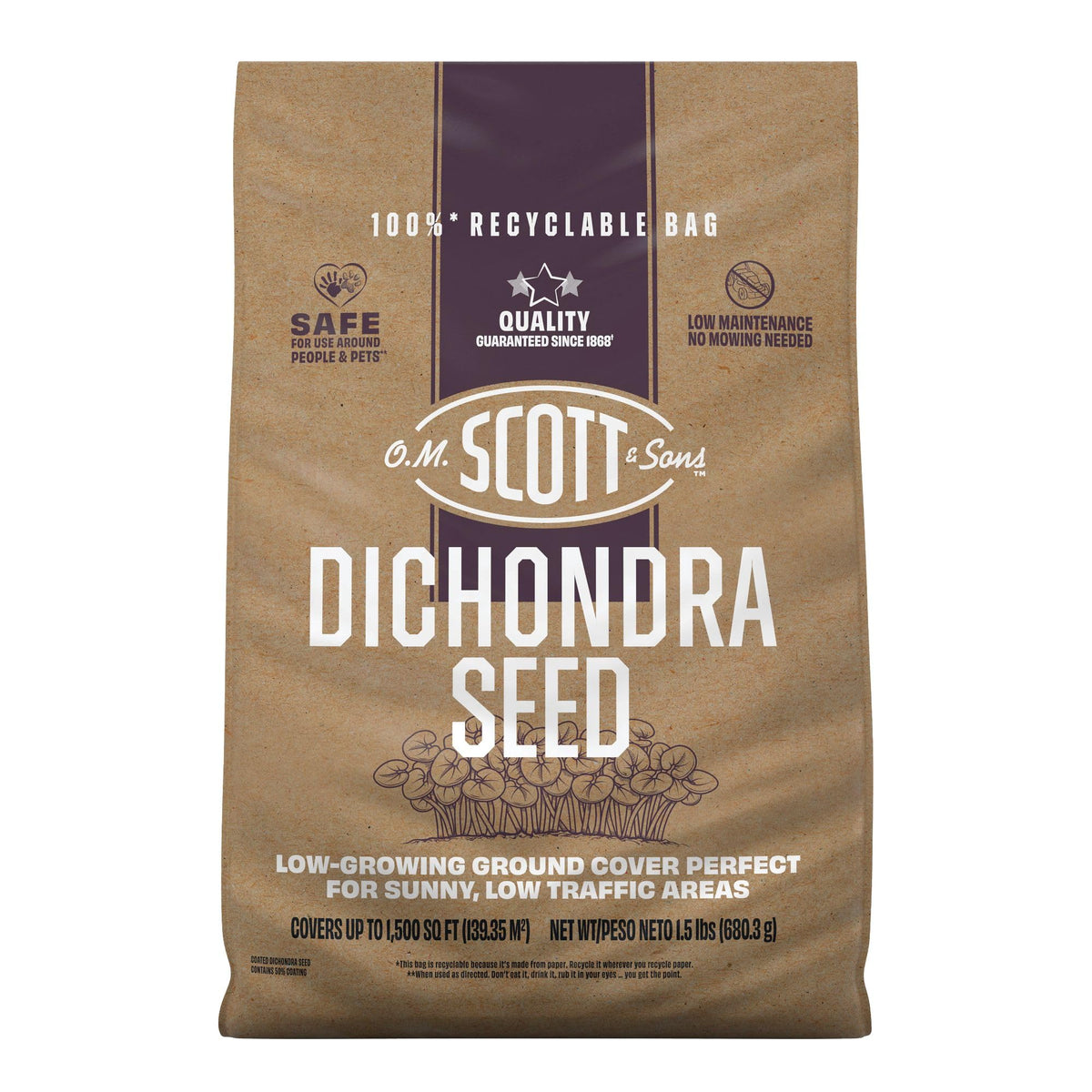Scotts O M Scott & Sons Dichondra Seed bag label highlights premium seed for easy lawn care