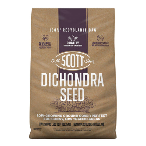 Scotts O M Scott & Sons Dichondra Seed bag label highlights premium seed for easy lawn care