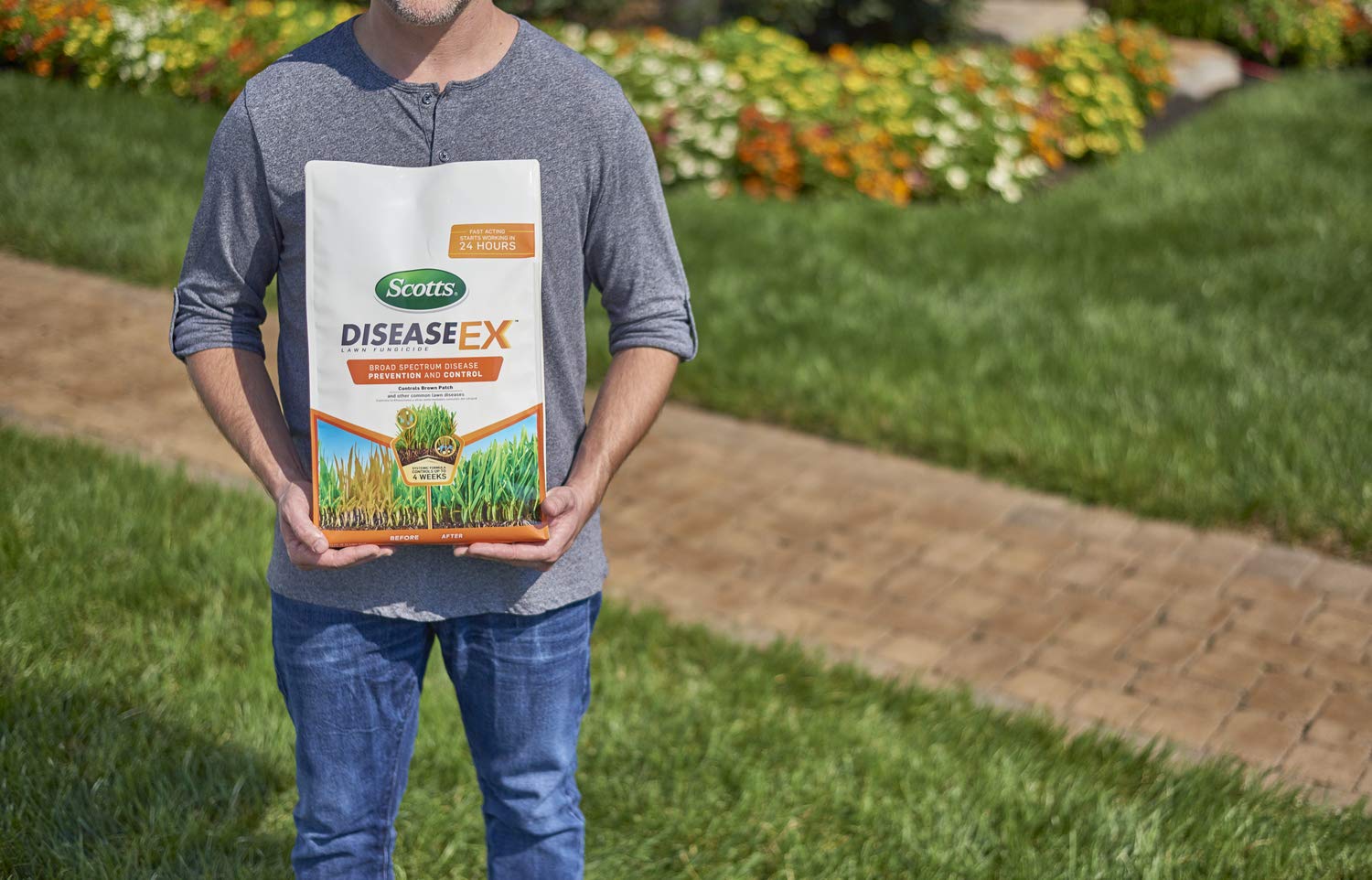 Granules of Scotts DiseaseEx on lawn ready to protect turf.