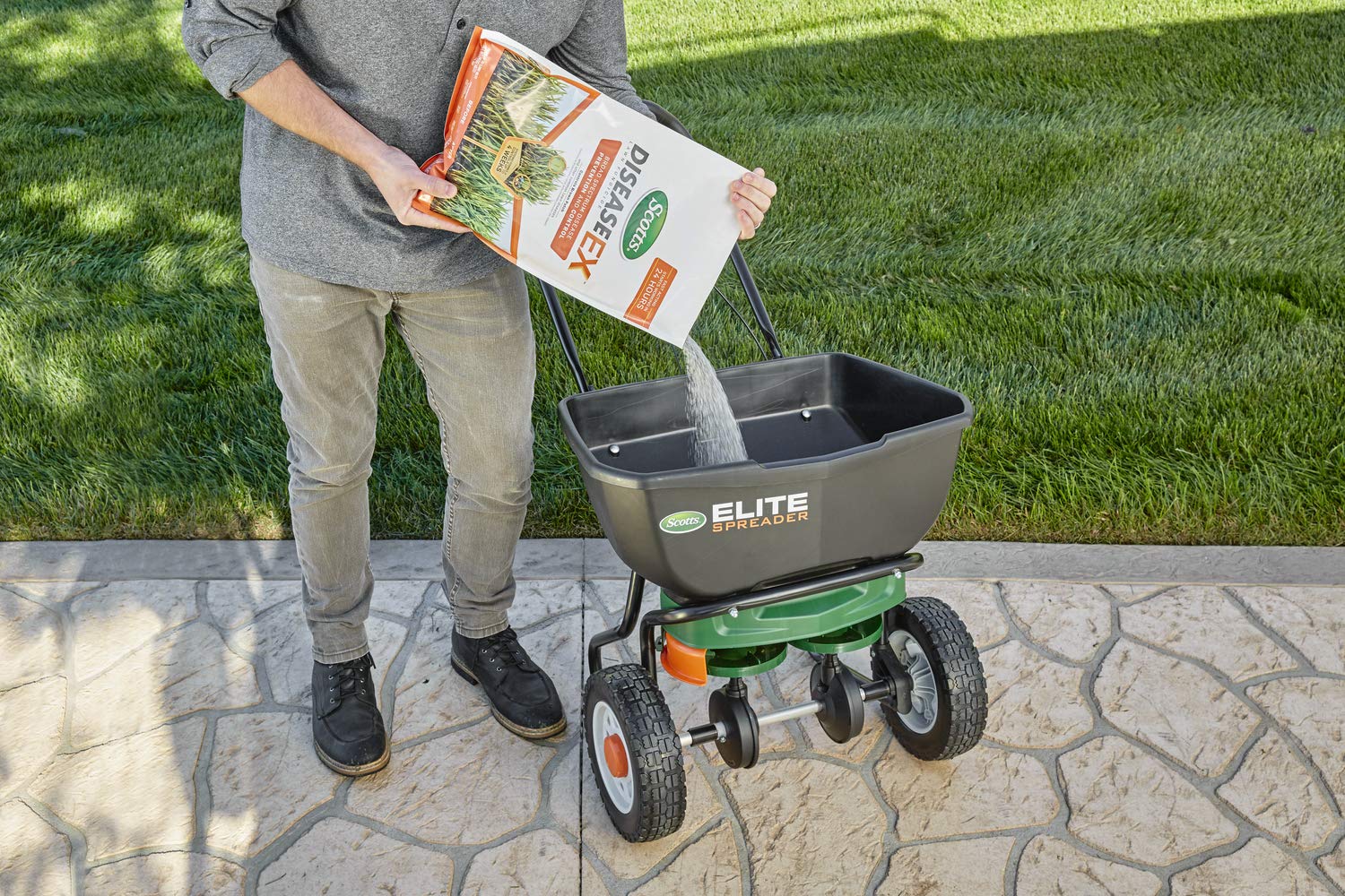 Scotts DiseaseEx spreader-ready setup demonstrates even coverage across turf.