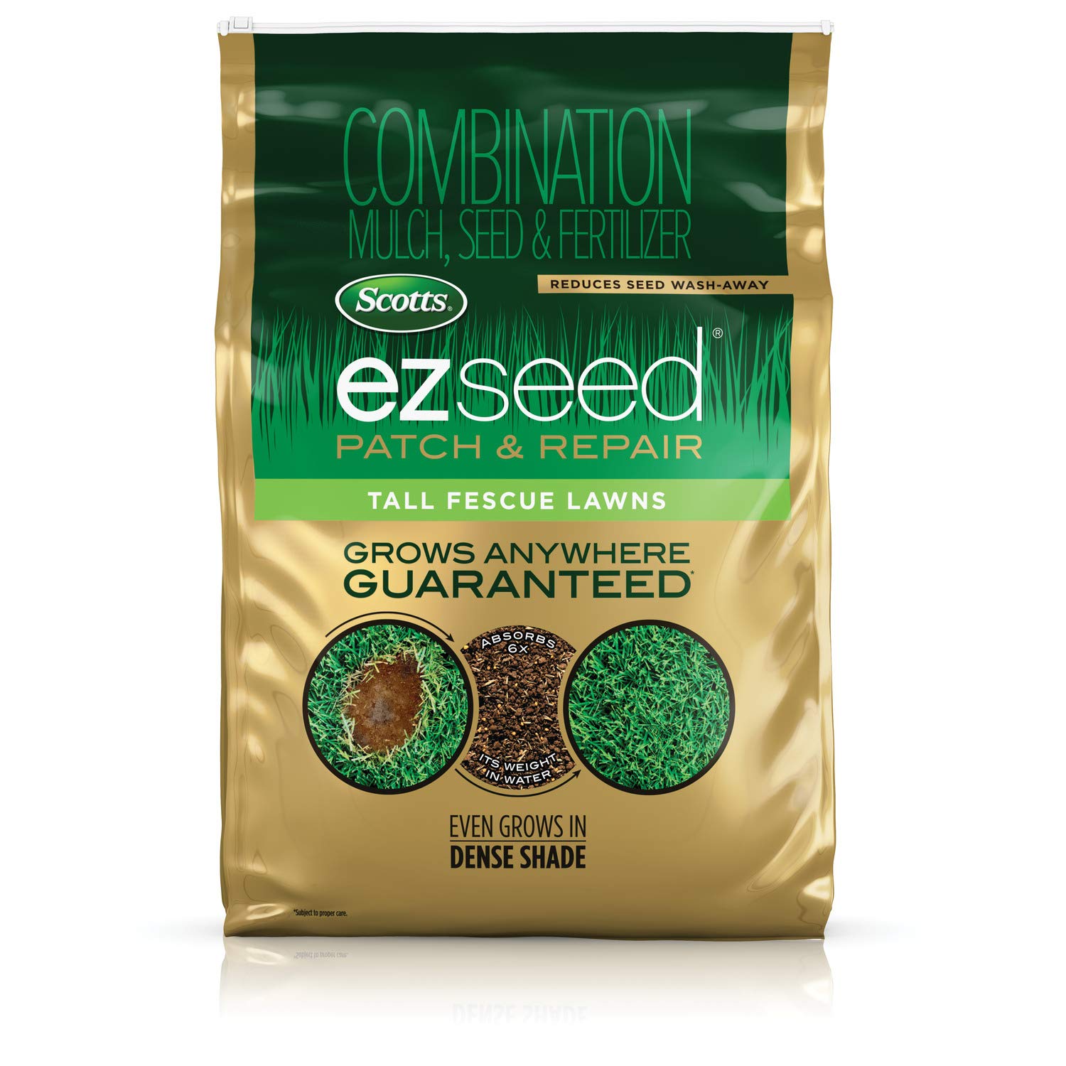 Scotts EZ Seed Patch & Repair shows bare spots healing with tall fescue growth.
