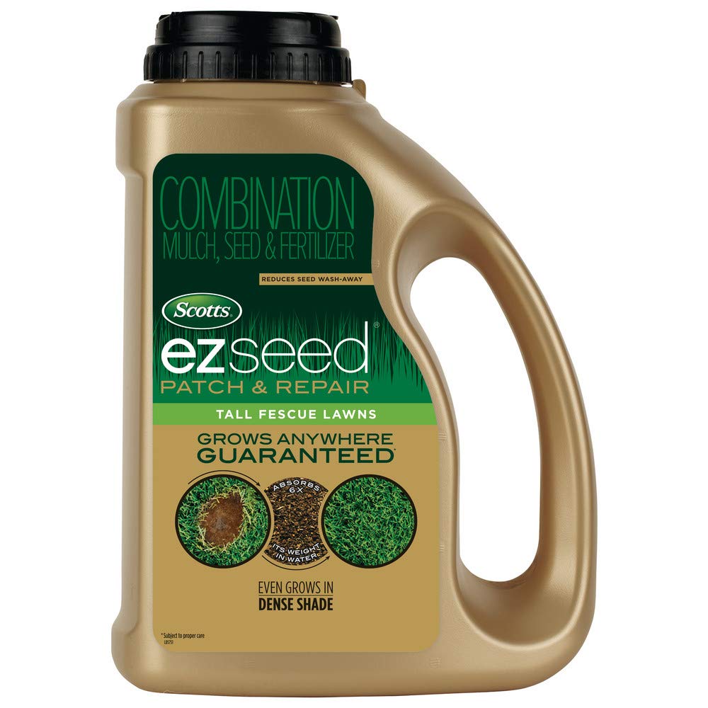 Scotts EZ Seed Patch & Repair bare spot close-up with seed and mulch for repair.