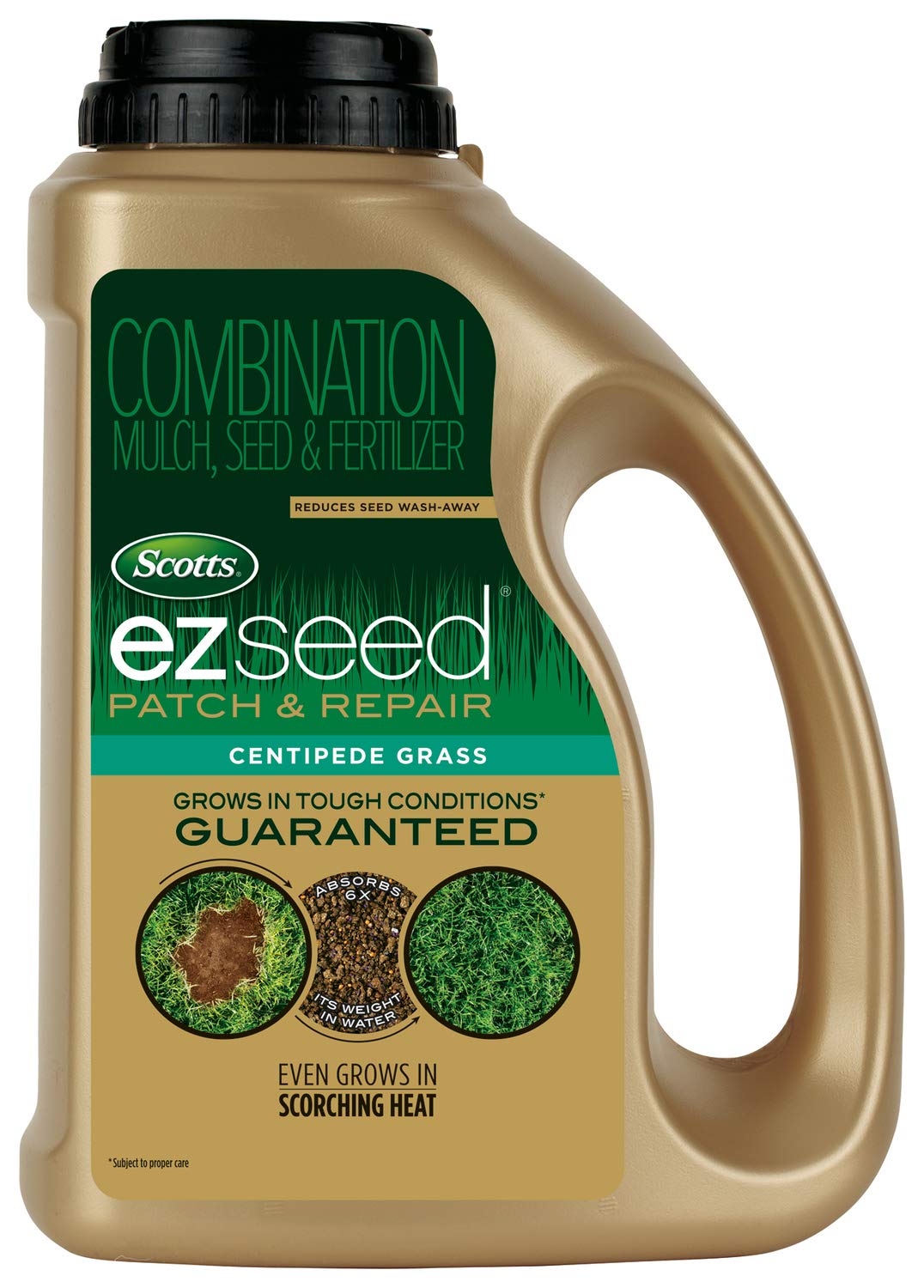 Scotts EZ Seed Patch & Repair bare-spot close-up showing fast lawn repair in sun.