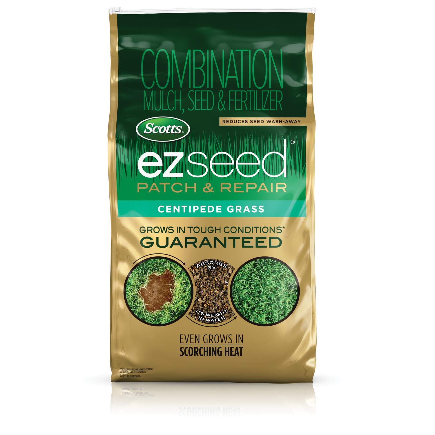 Scotts EZ Seed Patch & Repair Centipede Grass bare spot close-up for quick germination.