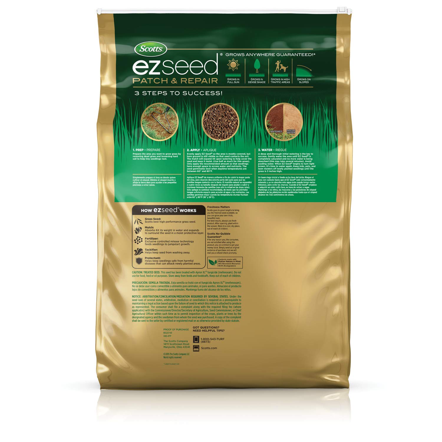Scotts EZ Seed Patch & Repair with controlled-release fertilizer for steady nutrition.