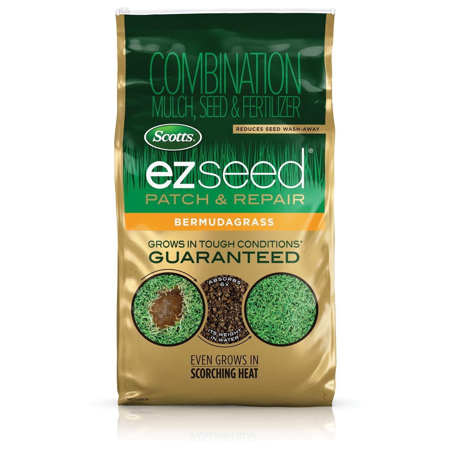 Scotts EZ Seed Patch & Repair packaging shown, ready to use on bare lawn spots.