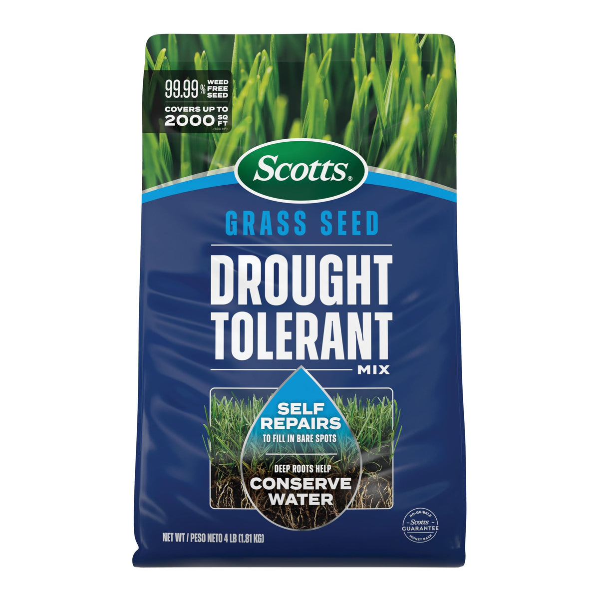 Scotts Grass Seed Drought Tolerant Mix bag front showing weed-free seed blend