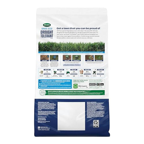 Lawn care setup showing Scotts seed blend for balanced bluegrass and fescue