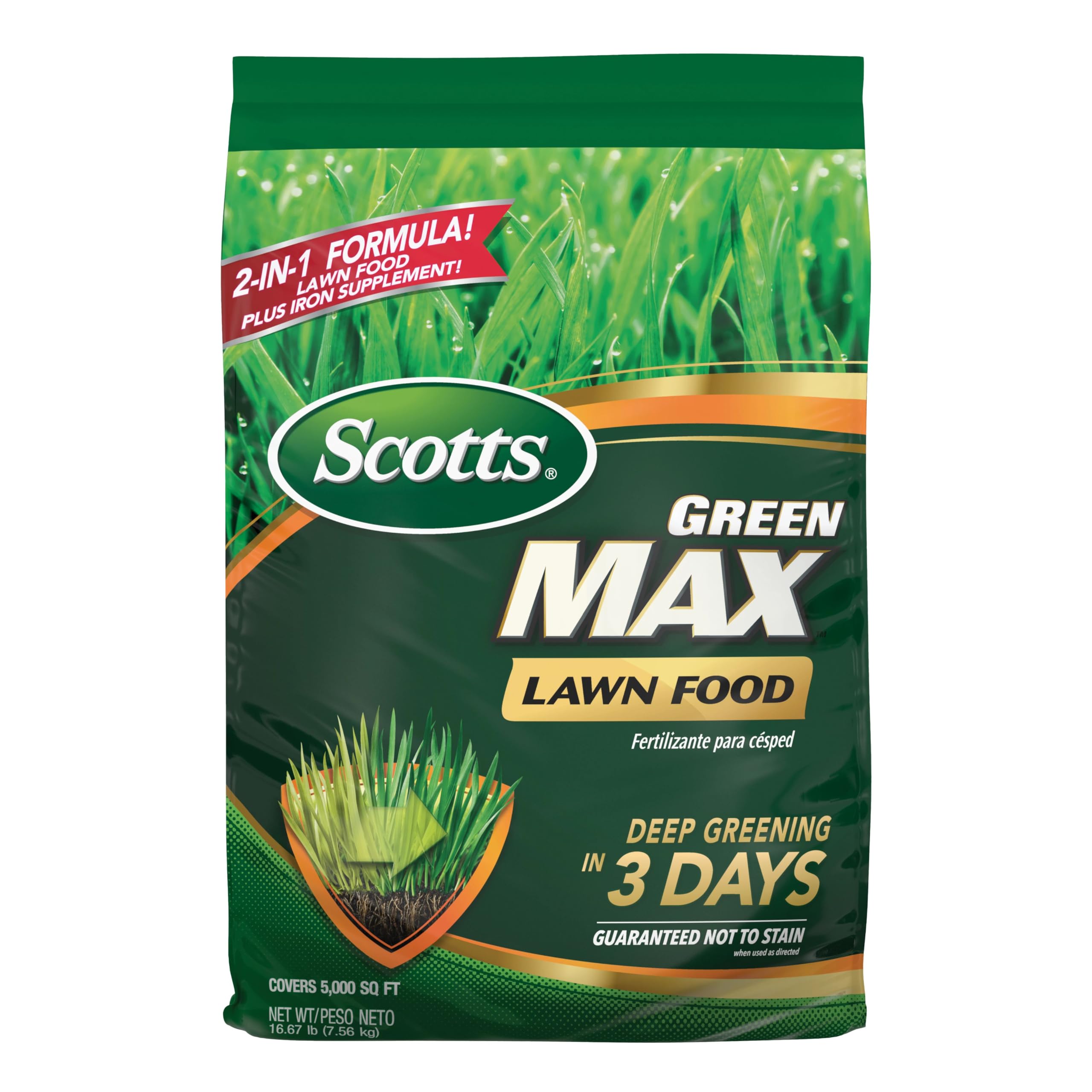 Scotts Green Max Lawn Food bag front view shows lawn-friendly formula for growth