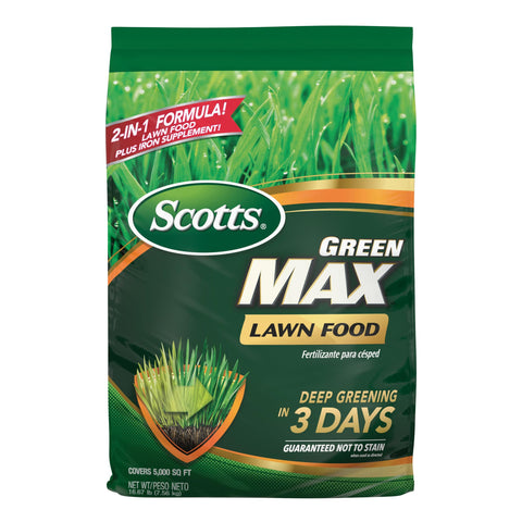 Scotts Green Max Lawn Food bag front view shows lawn-friendly formula for growth