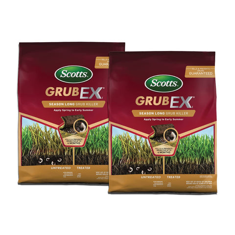 Scotts GrubEx1 bag and spreader ready for lawn application.