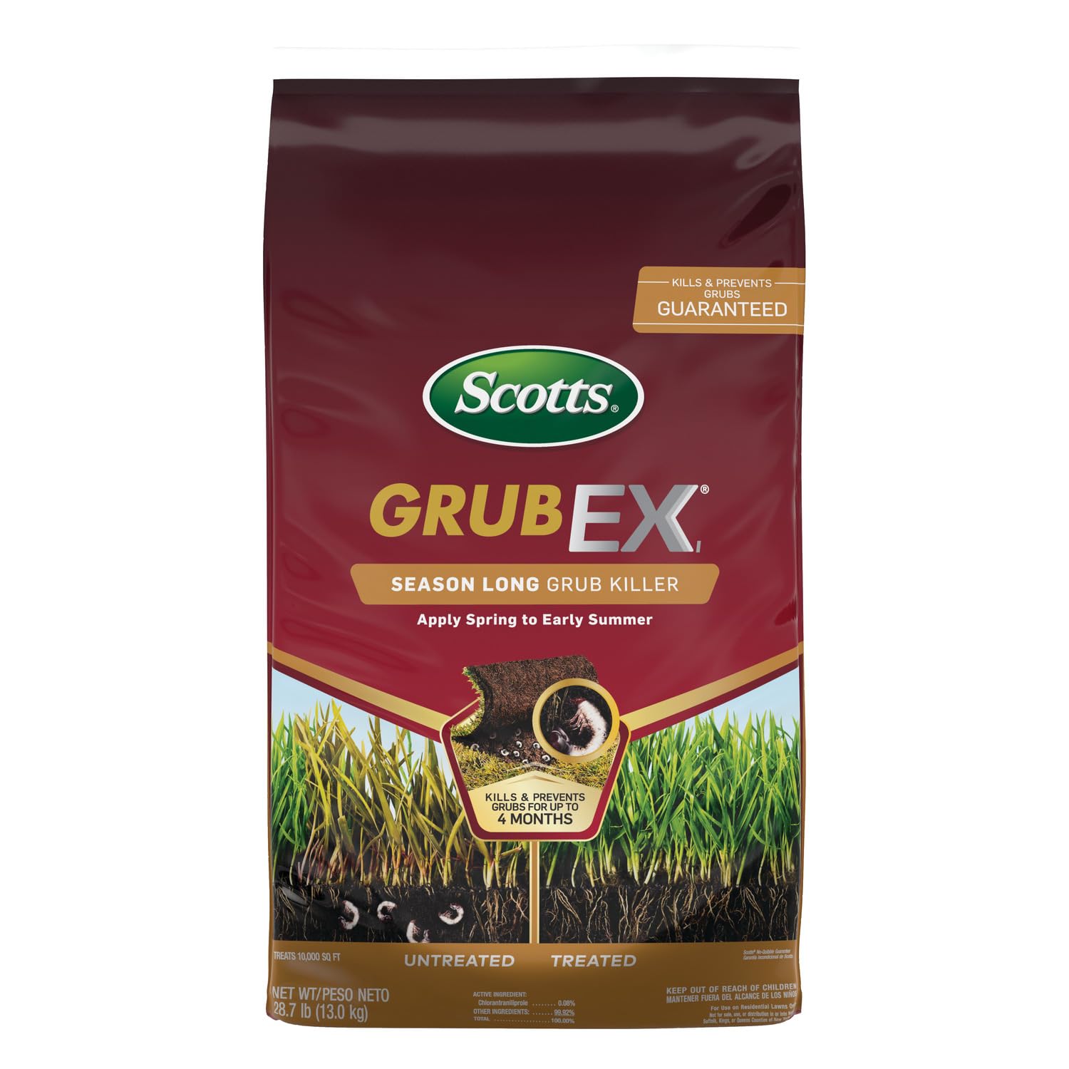 Scotts GrubEx1 bag showing 10,000 sq ft coverage for grub prevention.